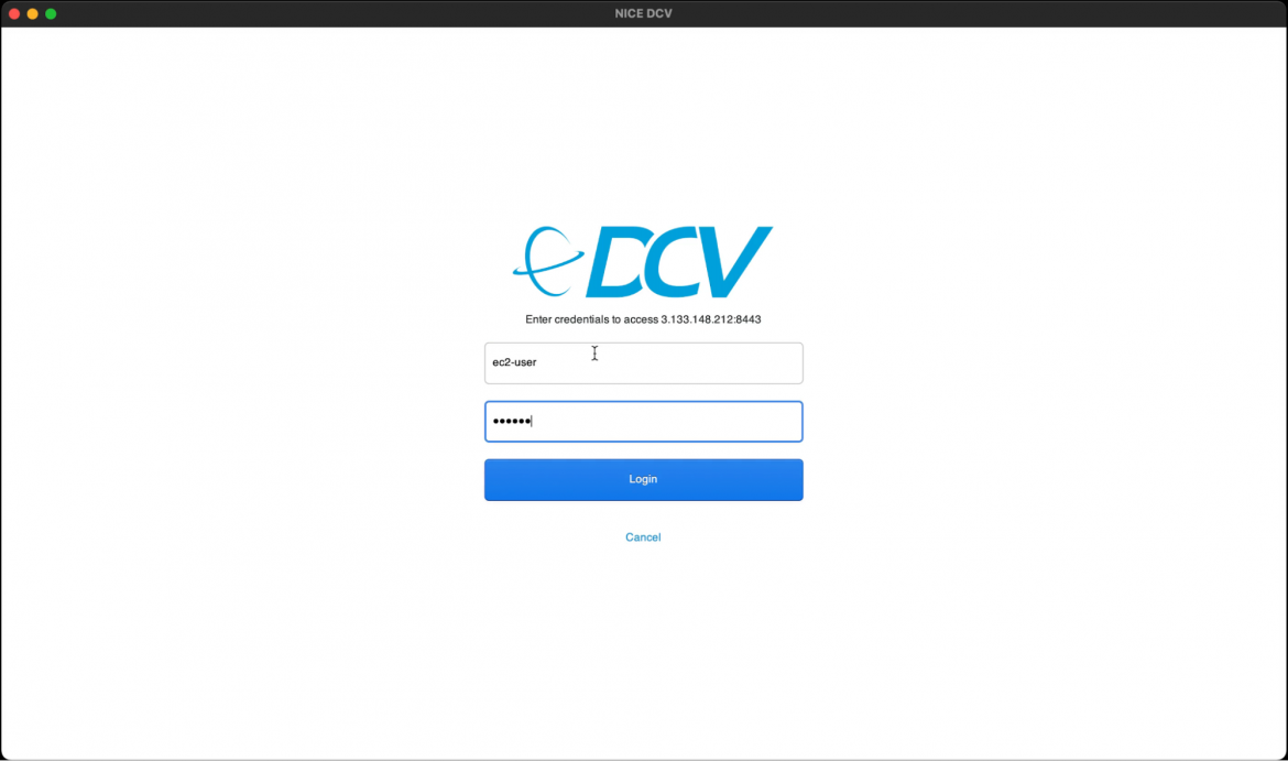 With the DCV View installed, input the public address of your remote workstation.